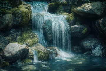 A beautiful waterfall in the forest, colorful foliage, vibrant colors, turquoise water, sunlight filtering through trees, natural scenery, wide angle lens
