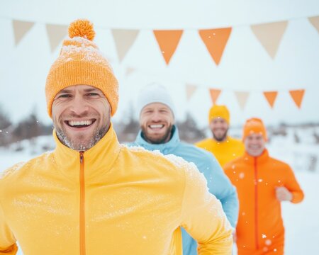 Joyful Winter Run Smiling Group Celebrates Finish Line in Snowy Landscape