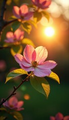 Golden hour illuminates blooming dogwood, sun rays pierce leaves, flower, light, landscape