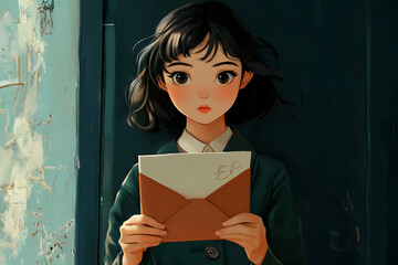 A young girl holds an envelope, looking contemplative in a softly lit setting.