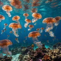 A swarm of jellyfish drifting through crystal-clear waters above a vibrant coral garden.