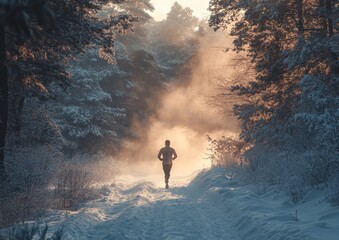 Fototapeta premium Winter Trail Running in Snowy Forest Embracing Resilience and Fitness