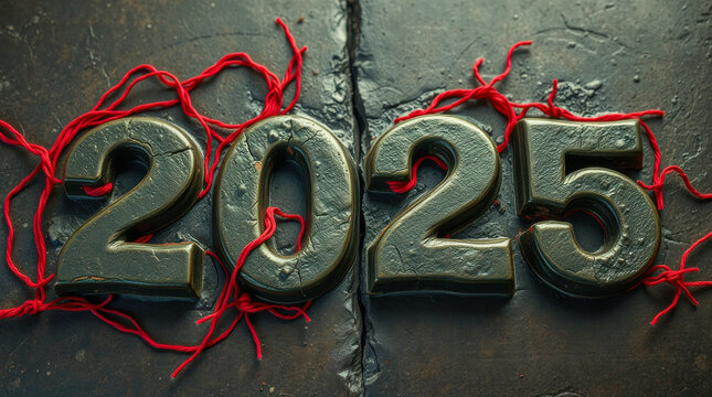 dark 2025 numerals with red string on textured surface