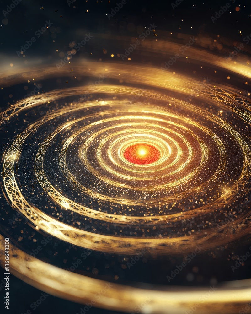 Poster cosmic energy visualization abstract spiral patterns digital art gold fractal design enigmatic unive