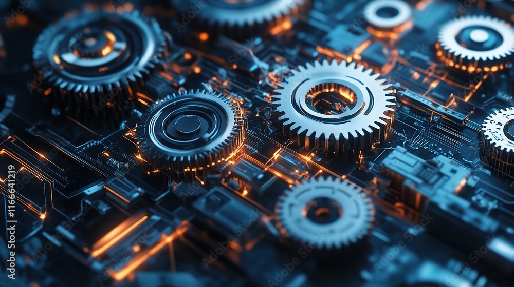 Poster futuristic 3d gears and machine components in dynamic arrangement