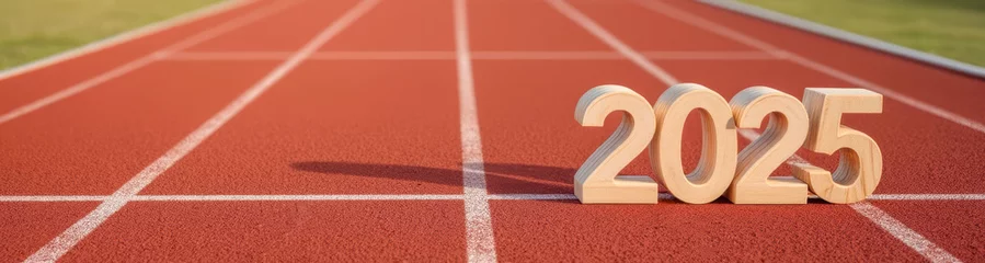 Fotobehang wooden number blocks on running track showing 2025 © Rysak