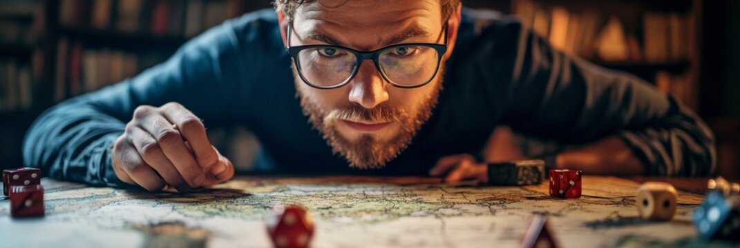 Focused Bearded Man Engaged in Tabletop RPG Creativity Amidst Patterned Map and Dice