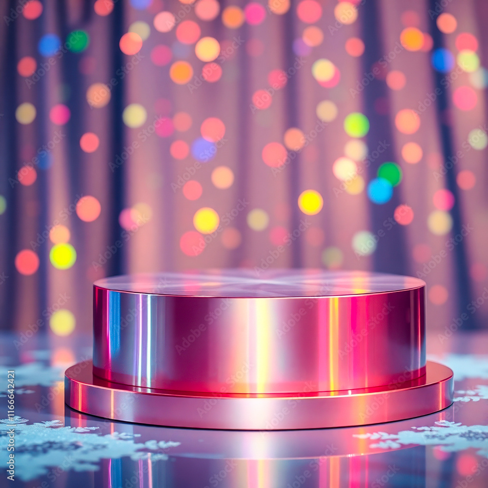 Poster pink metallic display stand with colorful bokeh background