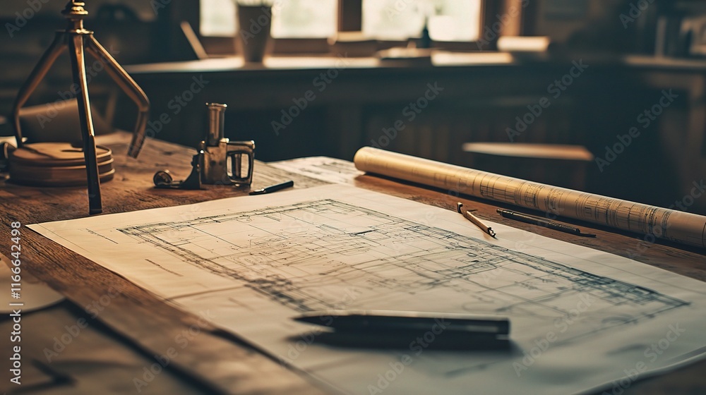 Poster detailed blueprint and tools on architect's workspace table
