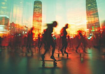 Dynamic Urban Street Festival with Skaters and Dancers in Vibrant City Lights