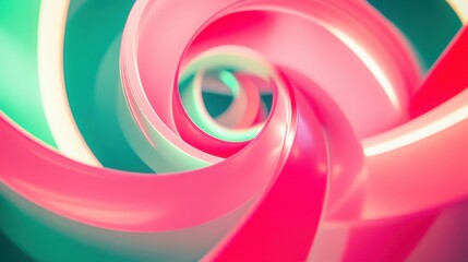 Neon pink and green spirals twisting around each other, creating a dynamic sense of motion.