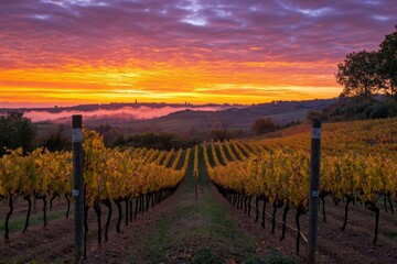 Fototapeta premium A breathtaking sunrise over the rolling hills of Tuscany, Italy, with a colorful sky and mist in autumn. A peaceful countryside scene with vineyards and trees under an orange and purple sky.