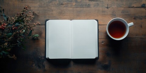 Cup of Tea and Book on Wooden Table