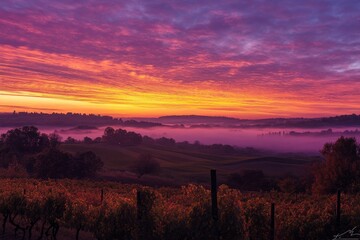 Obraz premium A breathtaking sunrise over the rolling hills of Tuscany, Italy, with a colorful sky and mist in autumn. A peaceful countryside scene with vineyards and trees under an orange and purple sky.