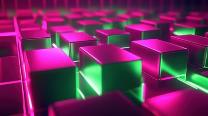 Obraz premium Neon pink and green squares arranged in a 3D grid, glowing brightly against the dark.