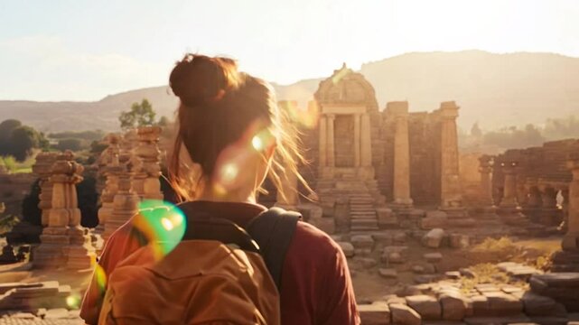 A traveler with a backpack explores the timeless beauty of ancient ruins during golden hour. The sun casts a warm glow on the historic columns, creating a serene and reflective atmosphere 