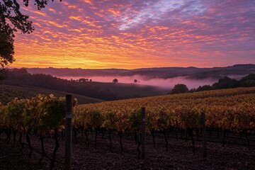 Naklejka premium A breathtaking sunrise over the rolling hills of Tuscany, Italy, with a colorful sky and mist in autumn. A peaceful countryside scene with vineyards and trees under an orange and purple sky.