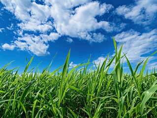 Obraz premium A bright blue sky with white clouds above a green grass field, . The background is clean and simple, creating an atmosphere of tranquility and beauty.
