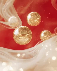 Golden glowing orbs floating in red surreal background abstract art enchanting environment dreamlike viewpoint