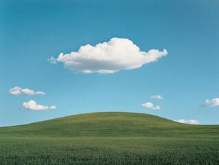 A bright blue sky with white clouds above a green grass field, . The background is clean and simple, creating an atmosphere of tranquility and beauty.