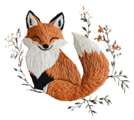 PNG A fox in embroidery style animal fabric needlework.