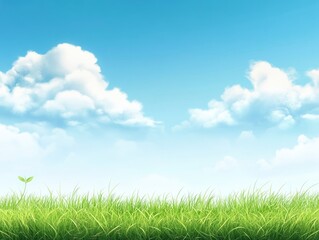 A bright blue sky with white clouds above a green grass field, . The background is clean and simple, creating an atmosphere of tranquility and beauty.