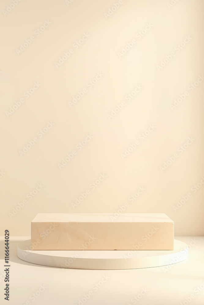 Poster rectangular block on a round platform against a pale yellow background