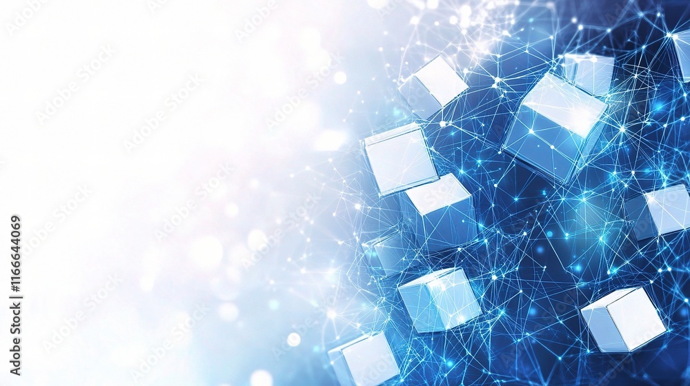 Poster connected cubes: abstract digital network. a mesmerizing image of interconnected metallic cubes floa