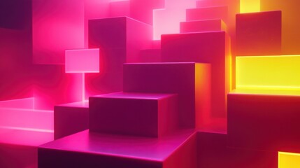 Neon pink and yellow cubes stacked in a 3D staircase, creating a sense of depth.