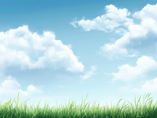 A bright blue sky with white clouds above a green grass field, . The background is clean and simple, creating an atmosphere of tranquility and beauty.