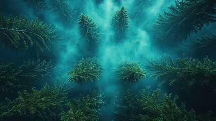 Aerial view of dense coniferous forest shrouded in mist, creating a serene atmosphere.