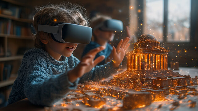 Boy exciting and wearing lightweight VR headsets, interacting with simulated ancient monument, his hands reaching out as they see holographic images overlaying the real space.