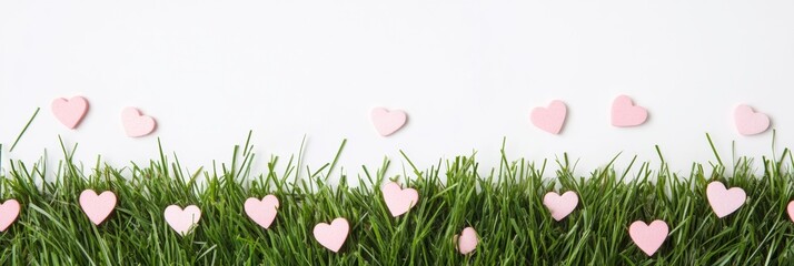 Heart-Shaped Decorations on Fresh Green Grass Background