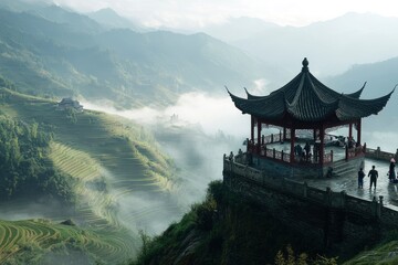 A Chinese-style pavilion perches on the edge of an ancient mountain, overlooking mist-covered rice...