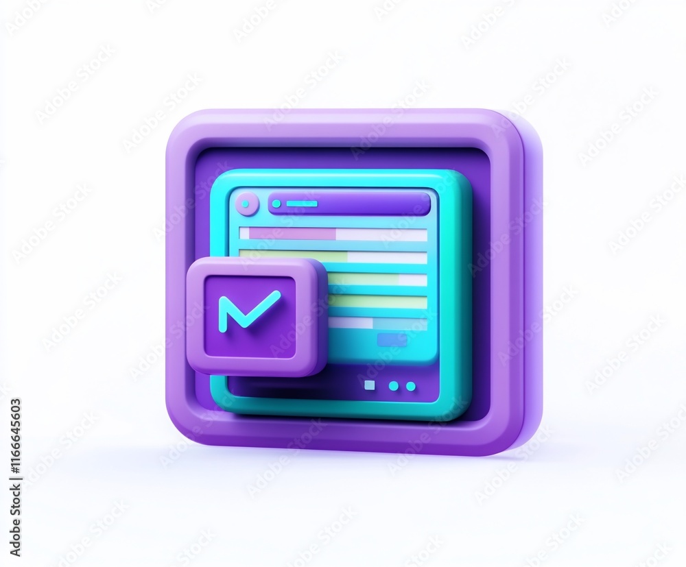 Poster 3D render of a purple and teal app interface with a checkmark, symbolizing task completion or software approval.