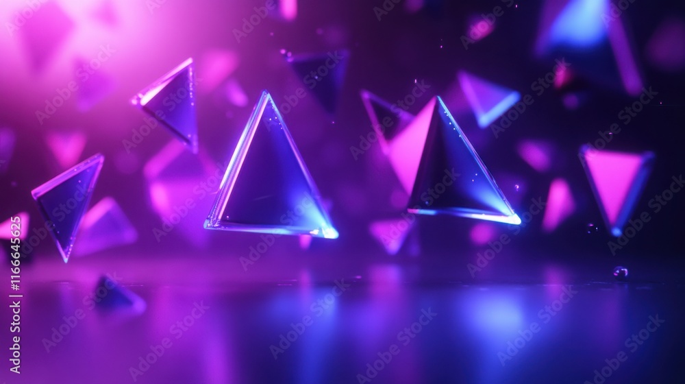 Canvas Prints neon purple and blue triangles floating in 3d space, with glowing edges and reflections.