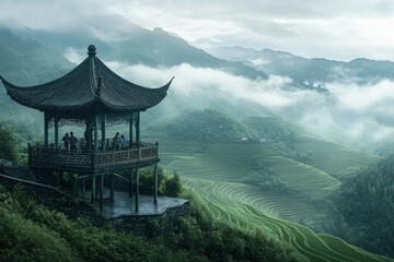 Obraz premium A Chinese-style pavilion perches on the edge of an ancient mountain, overlooking mist-covered rice terraces below. People stand on its balcony, enjoying the view as they gaze into the distance where