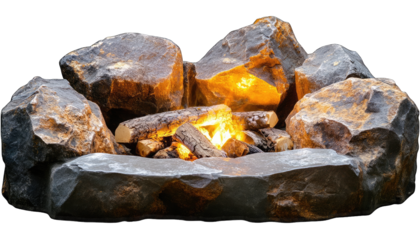 Realistic artificial stone fire pit with glowing embers and logs