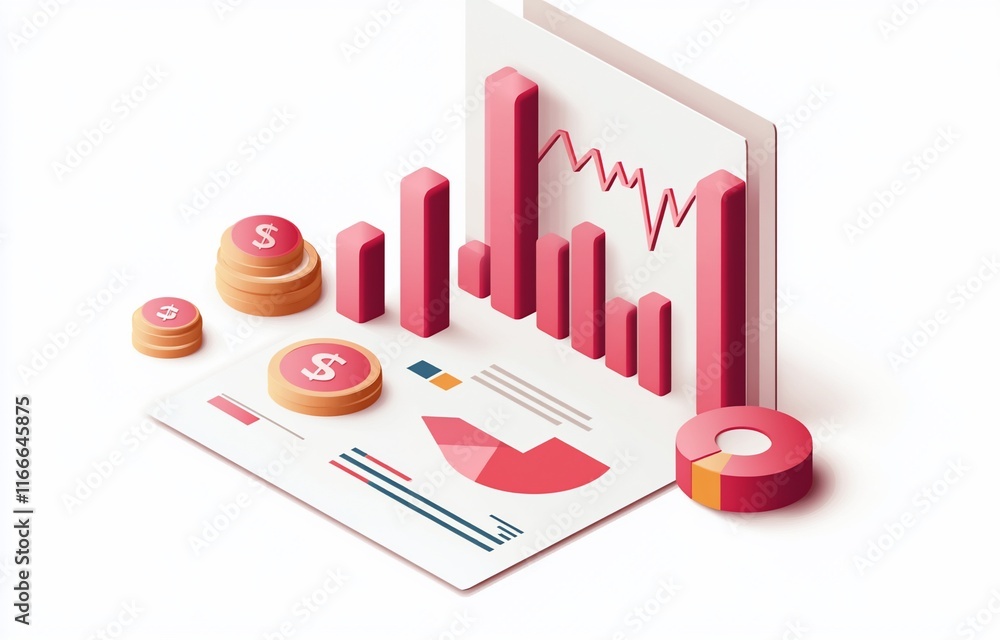 Poster isometric illustration of financial report with graphs, charts, and coins showing financial data ana
