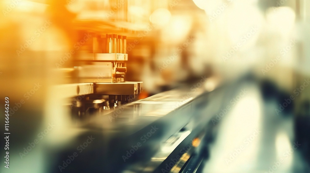 Poster blurred assembly line with machinery and worker in a factory setting