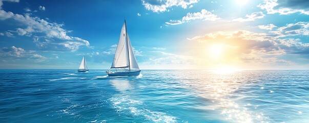 Breathtaking sunny summer scene with a wideangle view of sparkling blue ocean, sailboats cruising elegantly across the water, evoking a carefree vibe