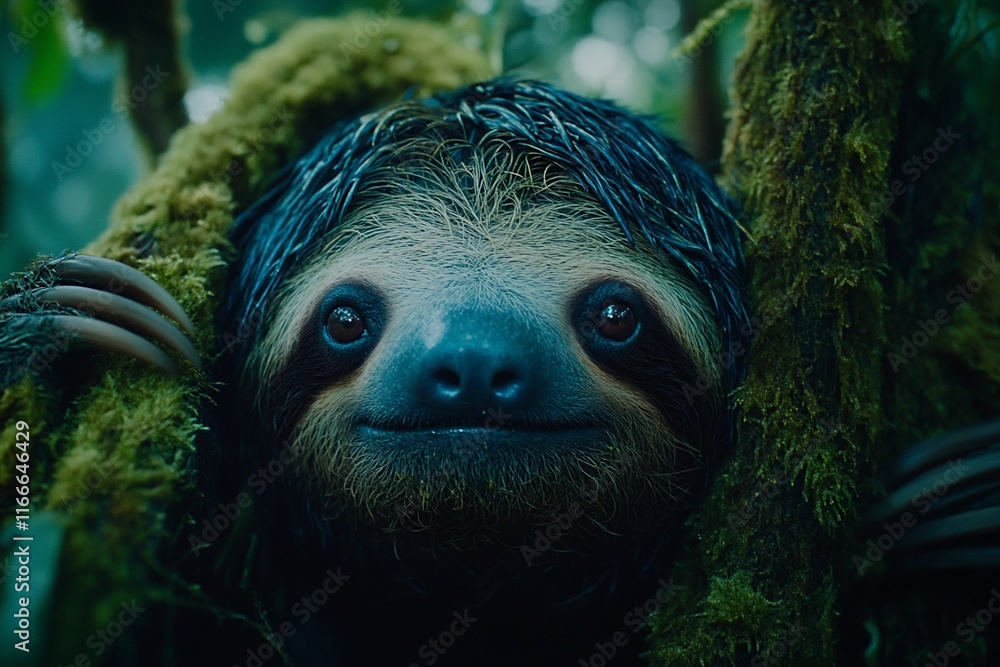 Poster Close-up portrait of a three-toed sloth nestled in a mossy rainforest tree.