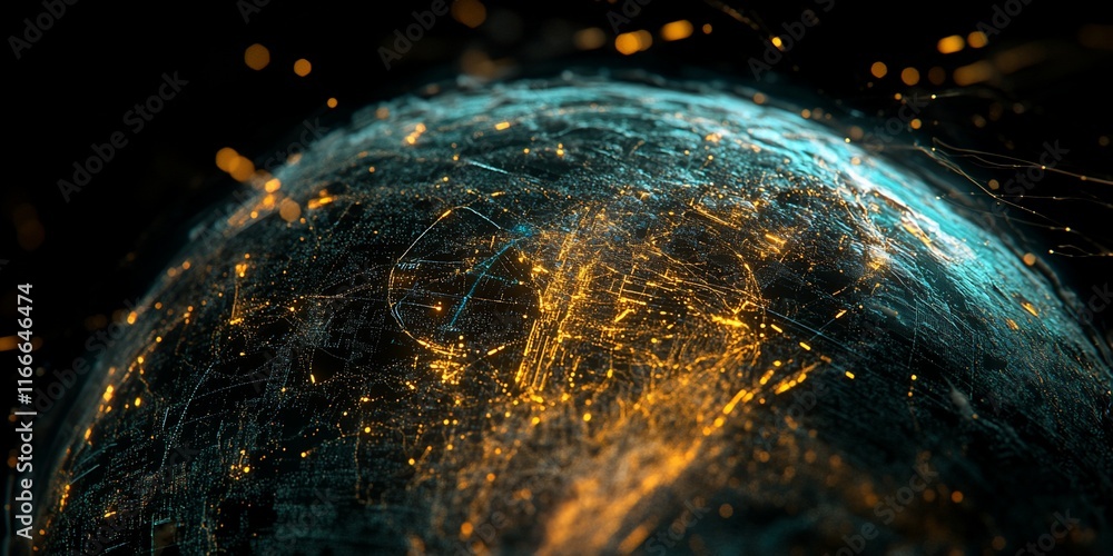 Poster abstract glowing orb with intricate network of lines and particles.