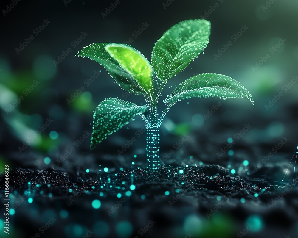 Poster Futuristic tech plant growing dynamically with the aid of advanced AI, illustrated through abstract technology visuals and seamless AI integration