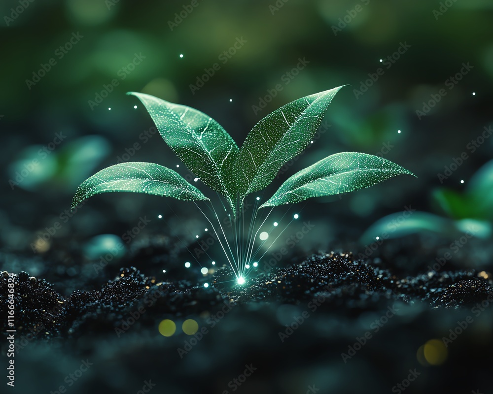 Poster Futuristic tech plant growing dynamically with the aid of advanced AI, illustrated through abstract technology visuals and seamless AI integration