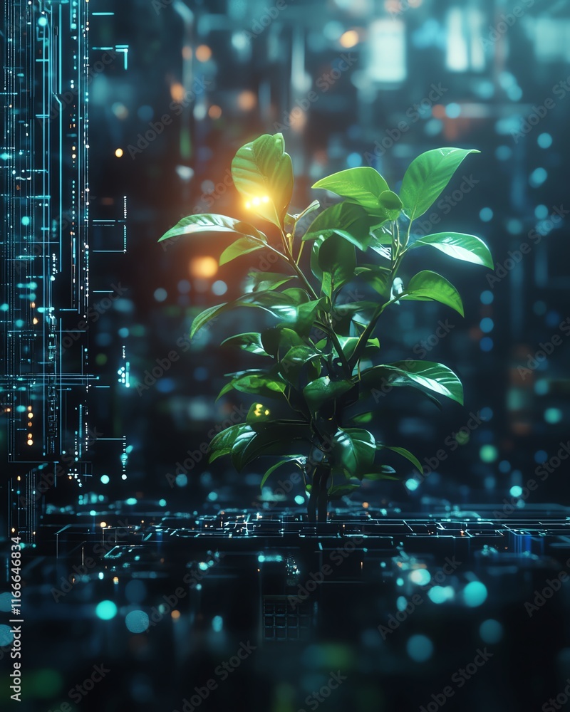Poster futuristic tech plant surrounded by abstract technology elements, with advanced aidriven processes f