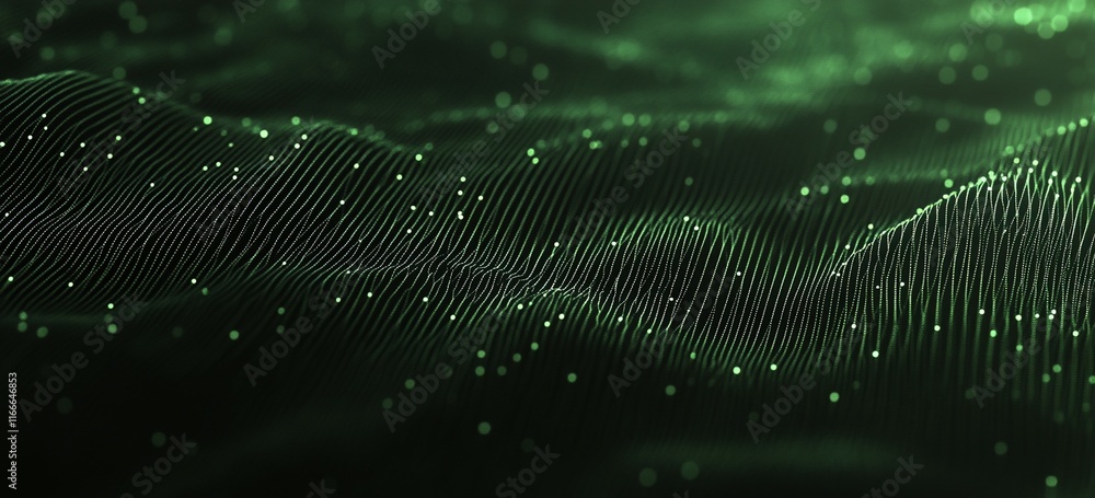 Aufkleber abstract green wave background with glowing particles.
