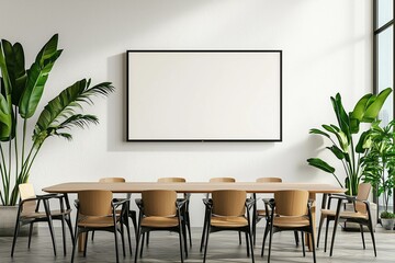 Modern conference room with white screen TV and greenery.