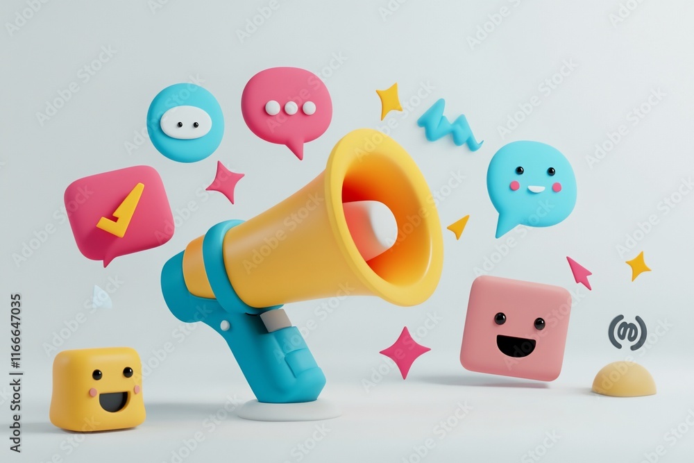Poster 3D render of a megaphone with colorful speech bubbles and emojis, representing communication and social media marketing.