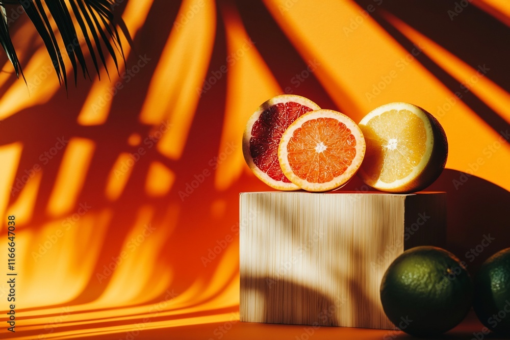 Poster sliced oranges and grapefruits on wooden block against orange background with palm leaf shadows.